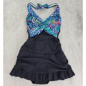 Profile by Gottex Swimsuit Womens 8 Black Multi Halter Swimdress One Piece FLAW